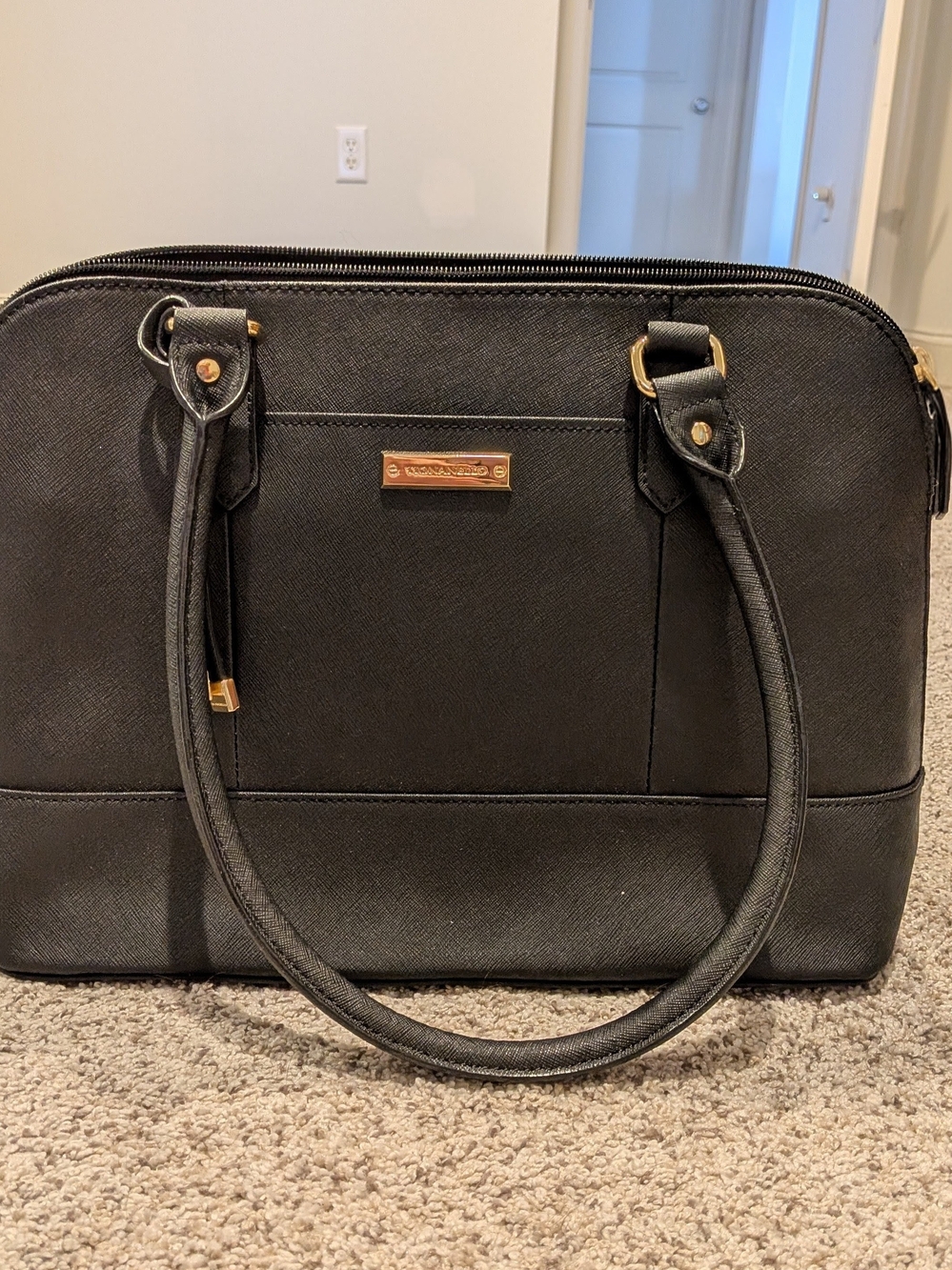 Black Structured Tote Handbag with Gold Accents